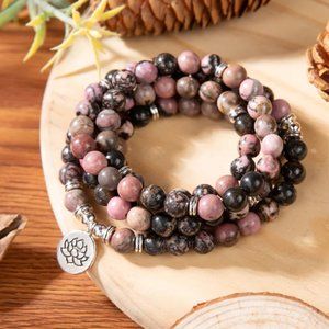 Rhodonite 108 Mala Beads Prayer Healing Meditation Women Men Necklace Bracelet